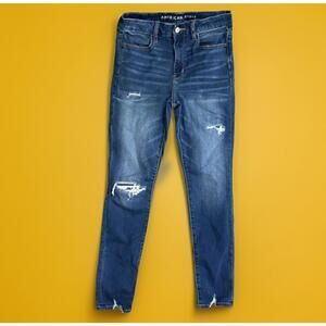 American Eagle Super Hi-Rise Jeggings Jeans Womens Size 8 Blue Denim Distressed